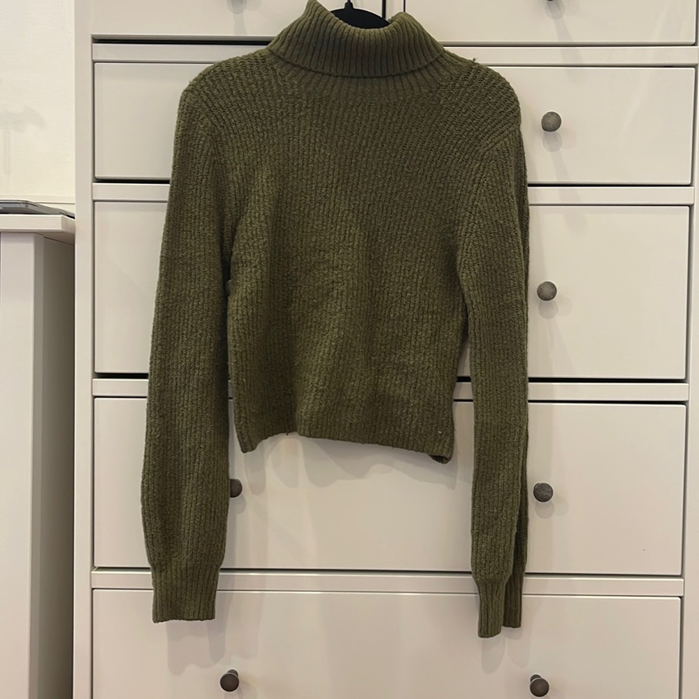 Garage Green Knit Cropped Turtleneck Sweater